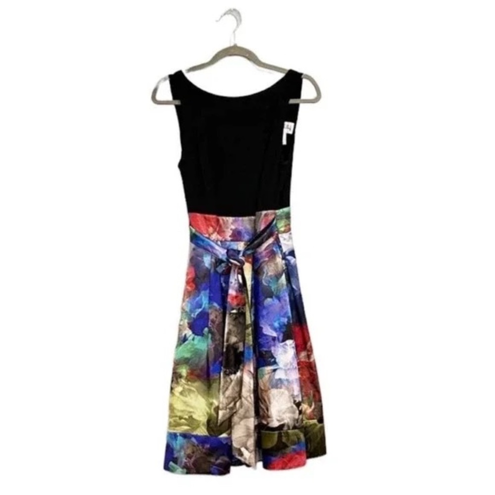 Joseph Ribkoff Black Watercolor Floral Cocktail Tie Front Dress Sz 4